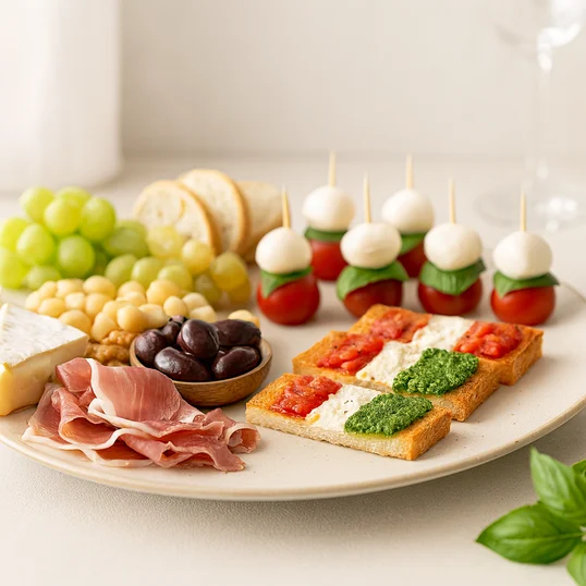 Mesa com petiscos variados e sofisticados